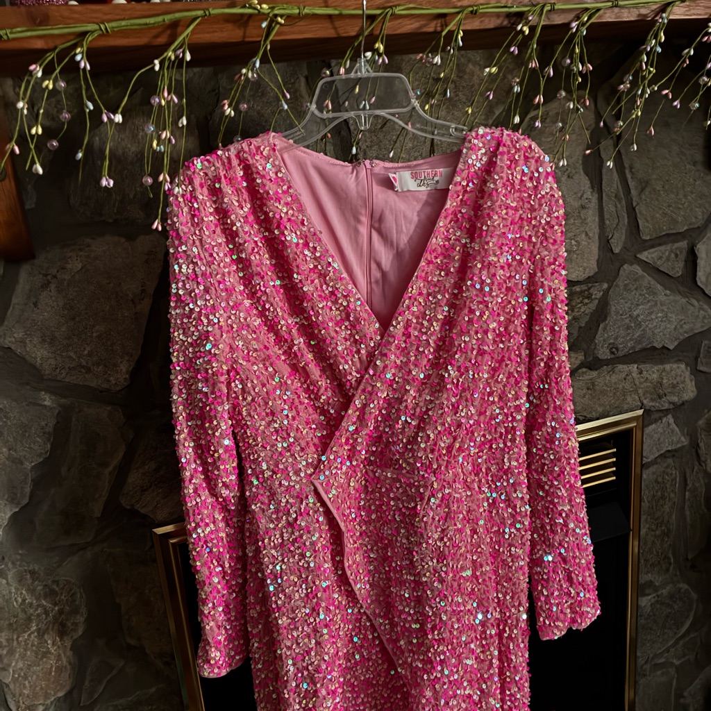 Pink Sequin Long-Sleeve Wrap Dress